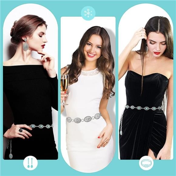 4 Pcs Turquoise Chain Belt Concho Post Earrings Set Metal Waist Belts 2 Pairs main image 5